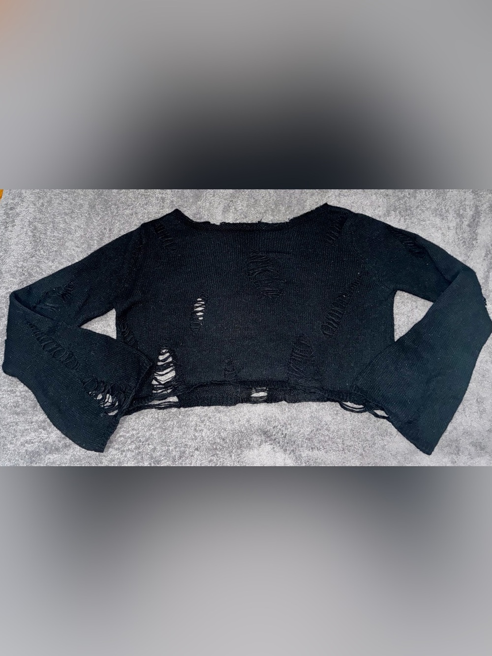 Distressed Black Cropped Knit Sweater - Women Tops M bell sleeves